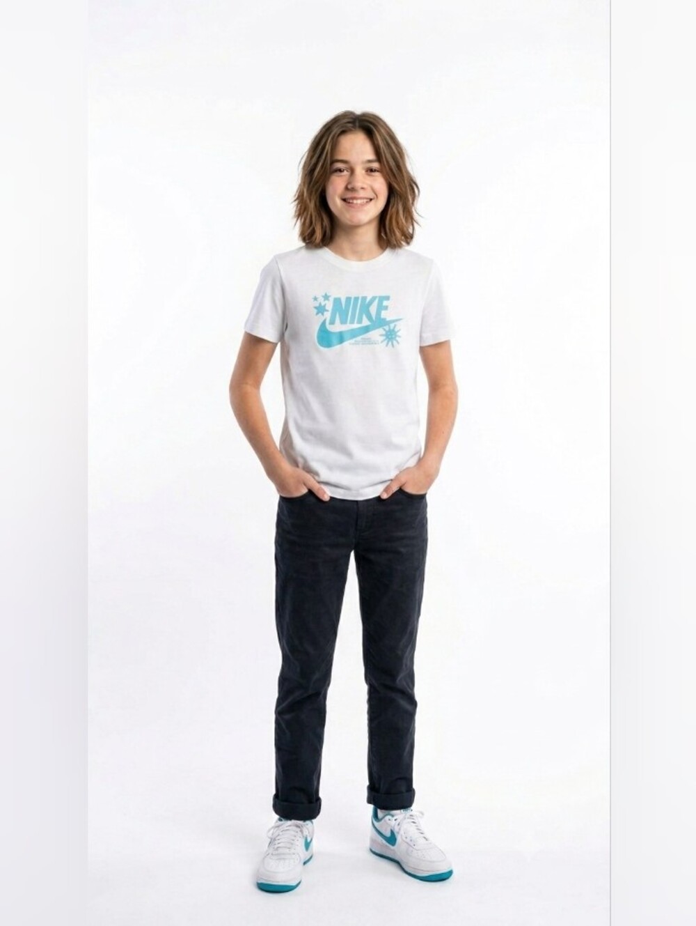 Nike White Short Sleeve Tee with Teal Logo